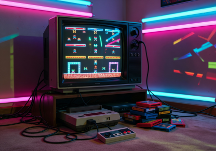 Retro gaming setup with neon aesthetics